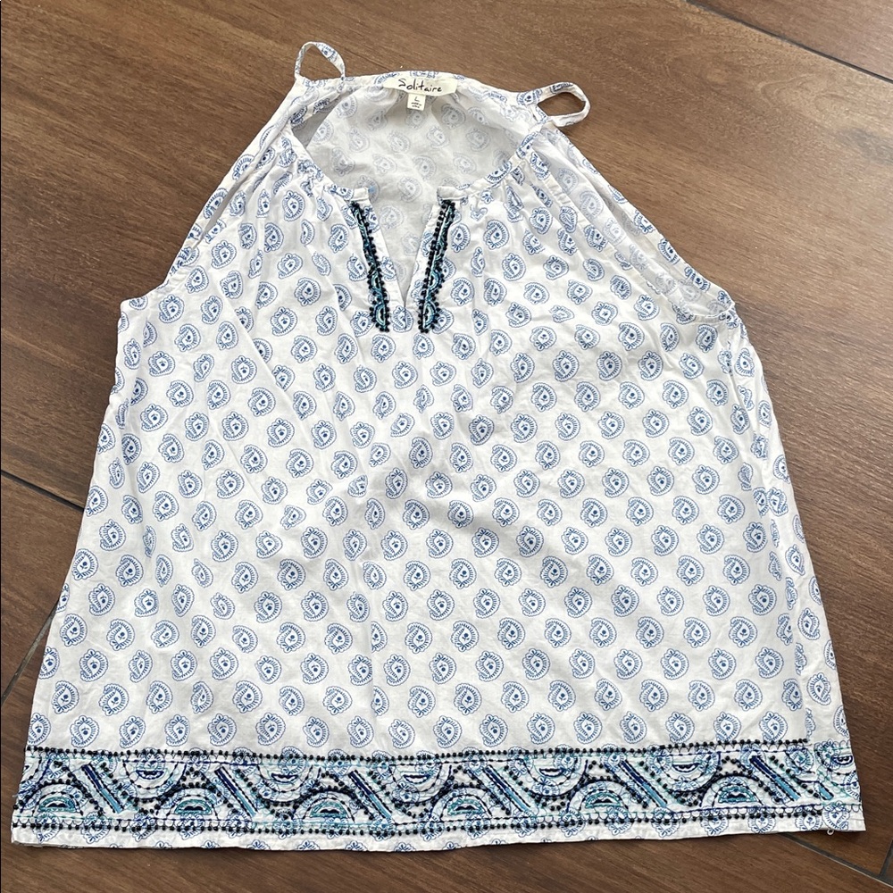 Solitaire cotton embroidered beaded White and Blue Geometric Tank Top, large